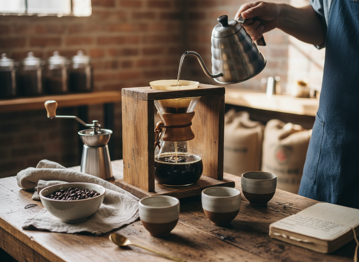 A quiet moment of coffee preparation at the roastery
